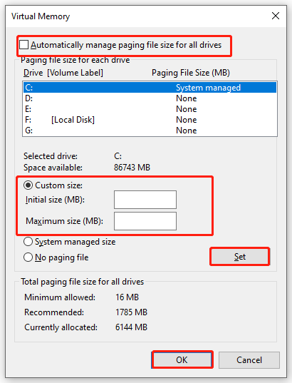 change virtual memory