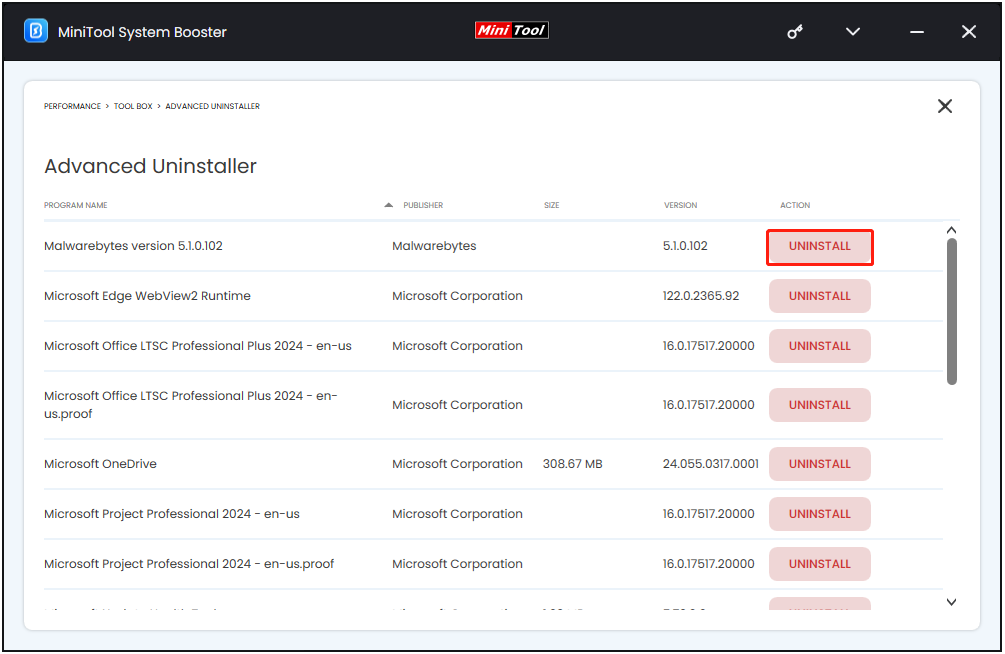 uninstall Malwarebytes via MiniTool System Booster