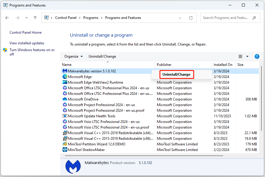 uninstall Malwarebytes via Control Panel