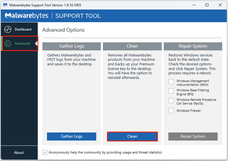 uninstall Malwarebytes via Malwarebytes Support Tool