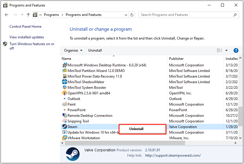 uninstall Steam via Control Panel