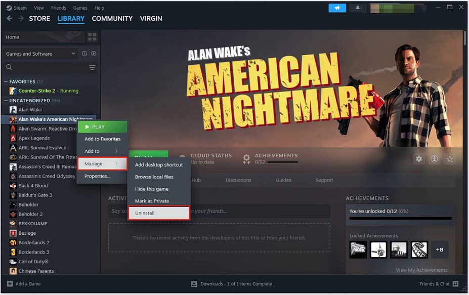 uninstall the Steam game via Steam client