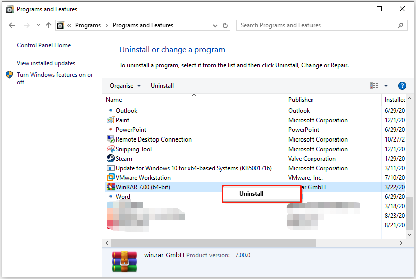 uninstall WinRAR via Control Panel