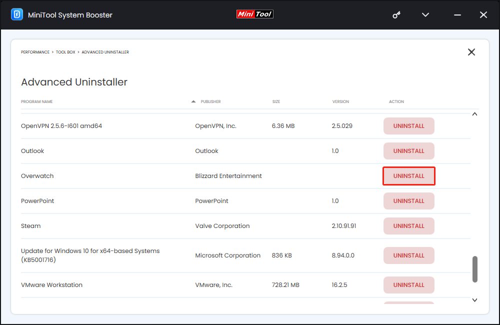 uninstall Overwatch via MiniTool System Booster