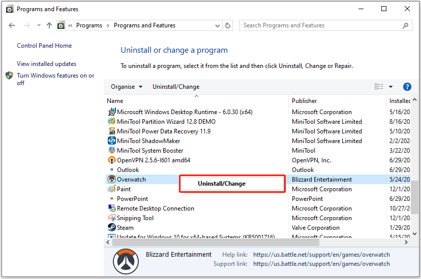 uninstall Overwatch via Control Panel