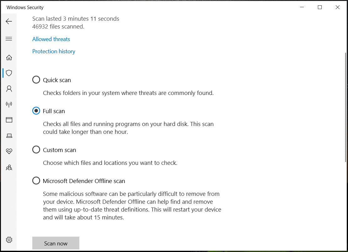 Windows Security scan options