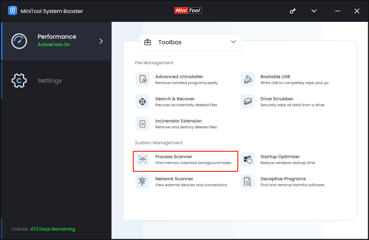 process scanner in MiniTool System Booster