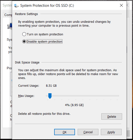 disable system protection