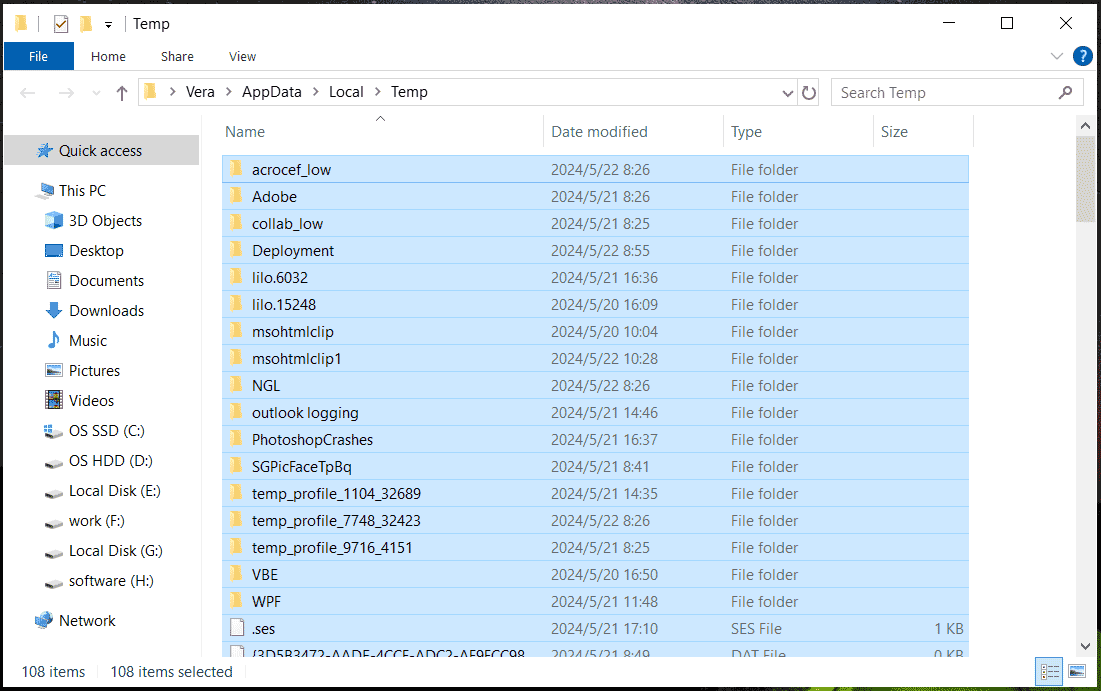 manually delete temp folder