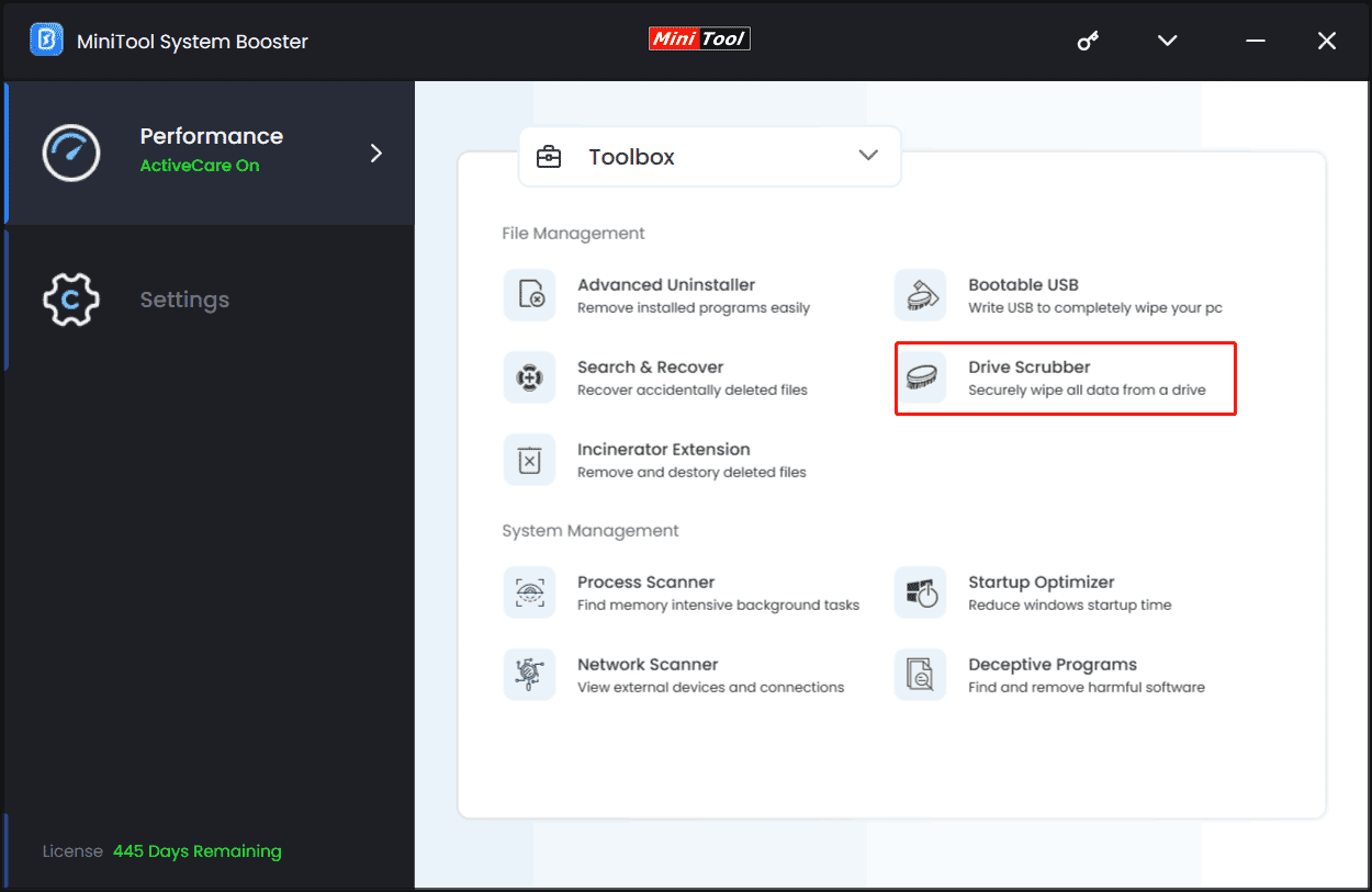 drive scrubber in MiniTool System Booster