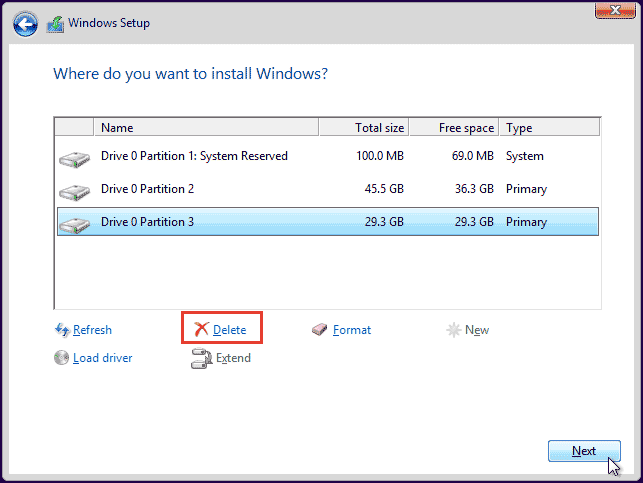 delete all partitions during installation