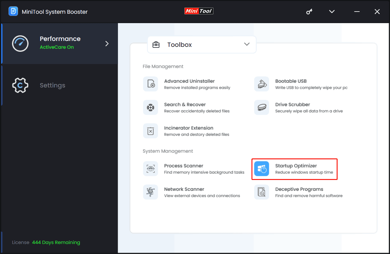 startup optimizer in MiniTool System Booster