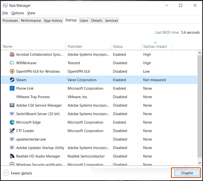 disable Steam on startup in Task Manager