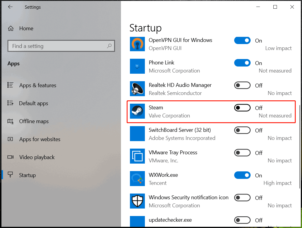 disable Steam via Startup in Settings