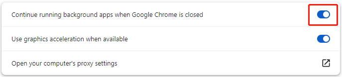 turn on Continue running background apps when Google Chrome is closed