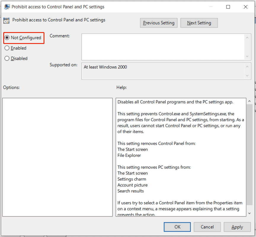 Prohibit access to Control Panel and PC settings