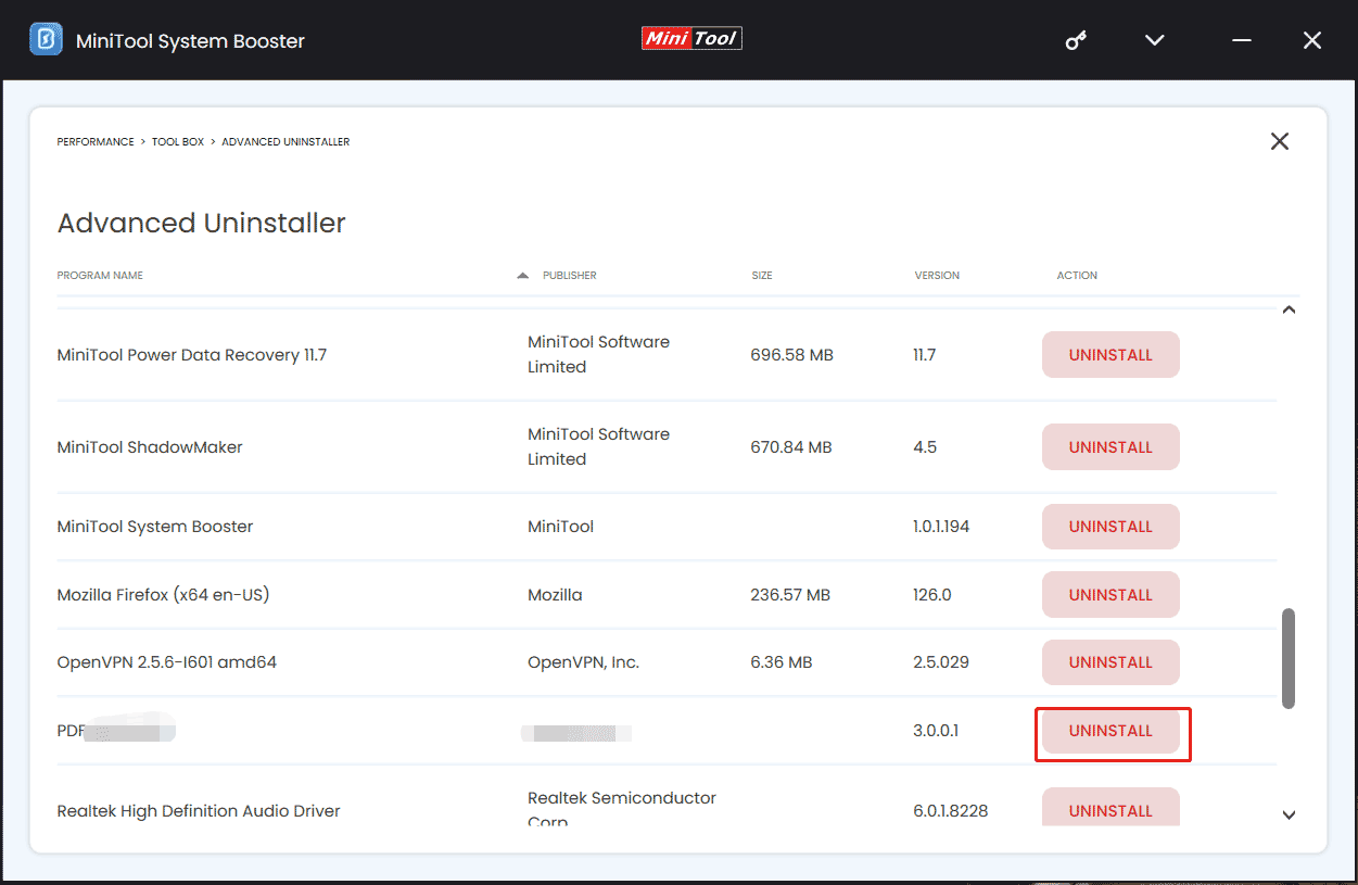 uninstall apps with MiniTool System Booster