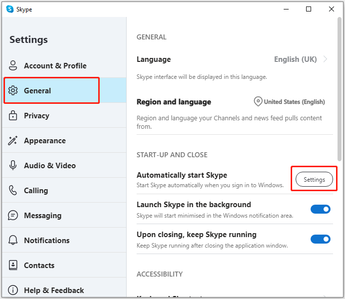 click Settings next to Automatically start Skype