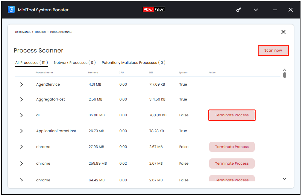 click Terminate Process