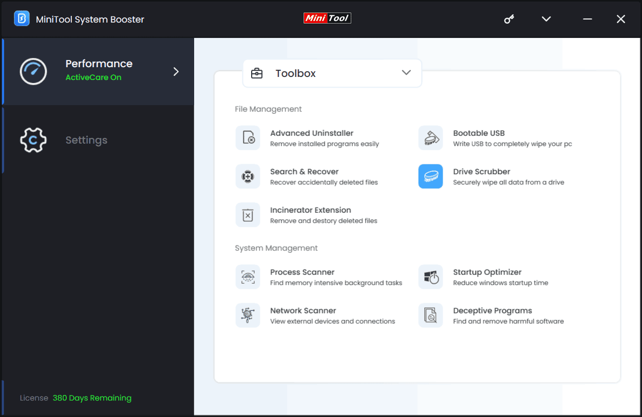 MiniTool System Booster wipe disk