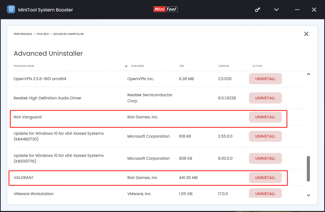 uninstall games with MiniTool System Booster