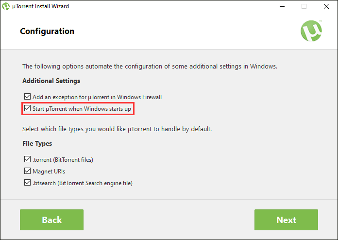 uncheck the Start uTorrent when Windows Starts up option