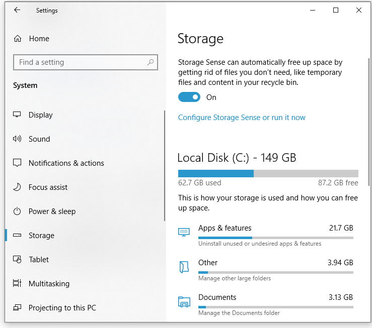 toggle on Storage Sense