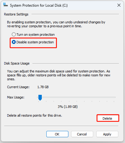 check the Disable system protection option