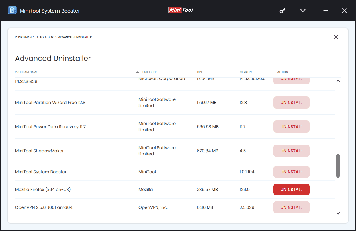 uninstall Firefox in MiniTool System Booster