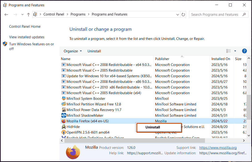 uninstall Firefox in Control Panel