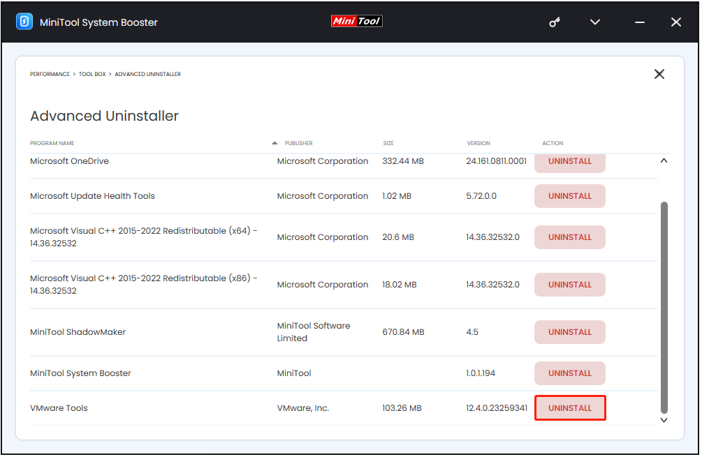 click UNINSTALL next to VMware Tools