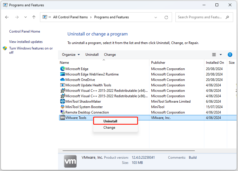 uninstall VMware Tools via Control Panel