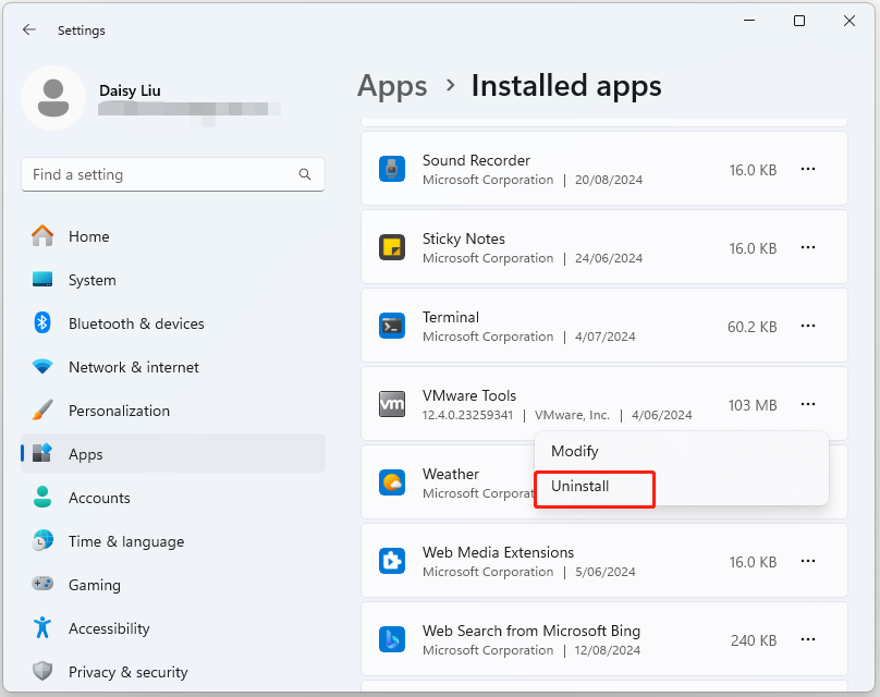 uninstall VMware Tools in Settings