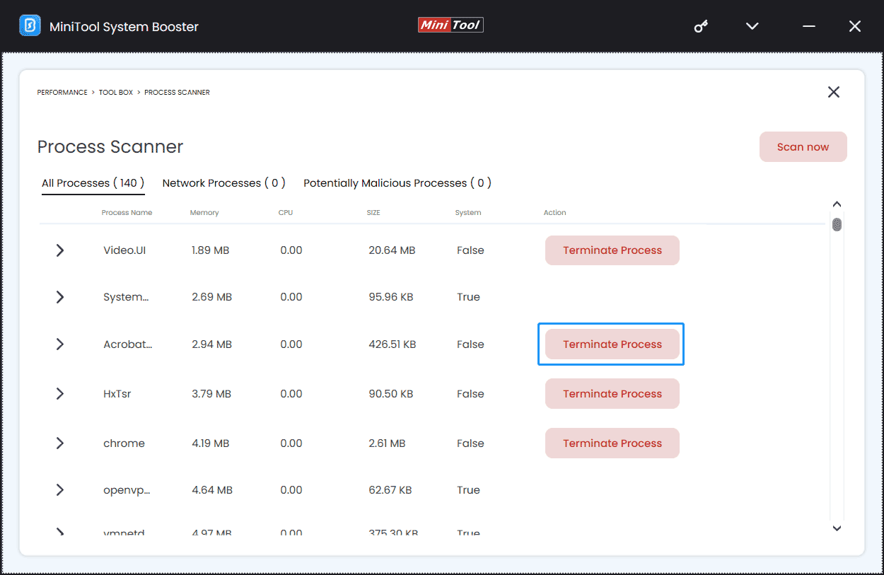 terminate process with MiniTool System Booster