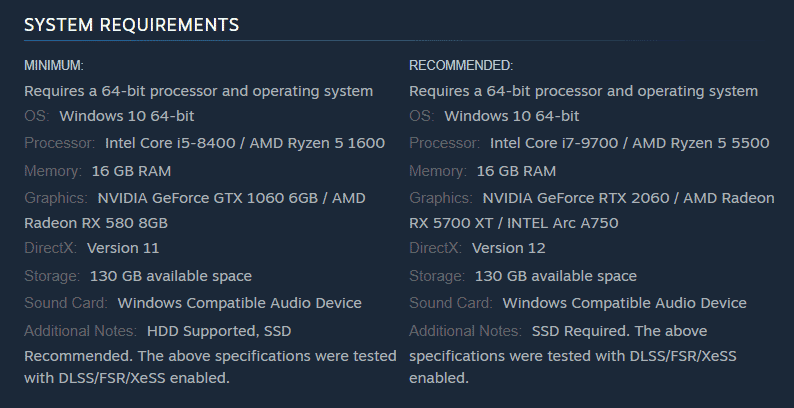 Black Myth Wukong system requirements from Steam