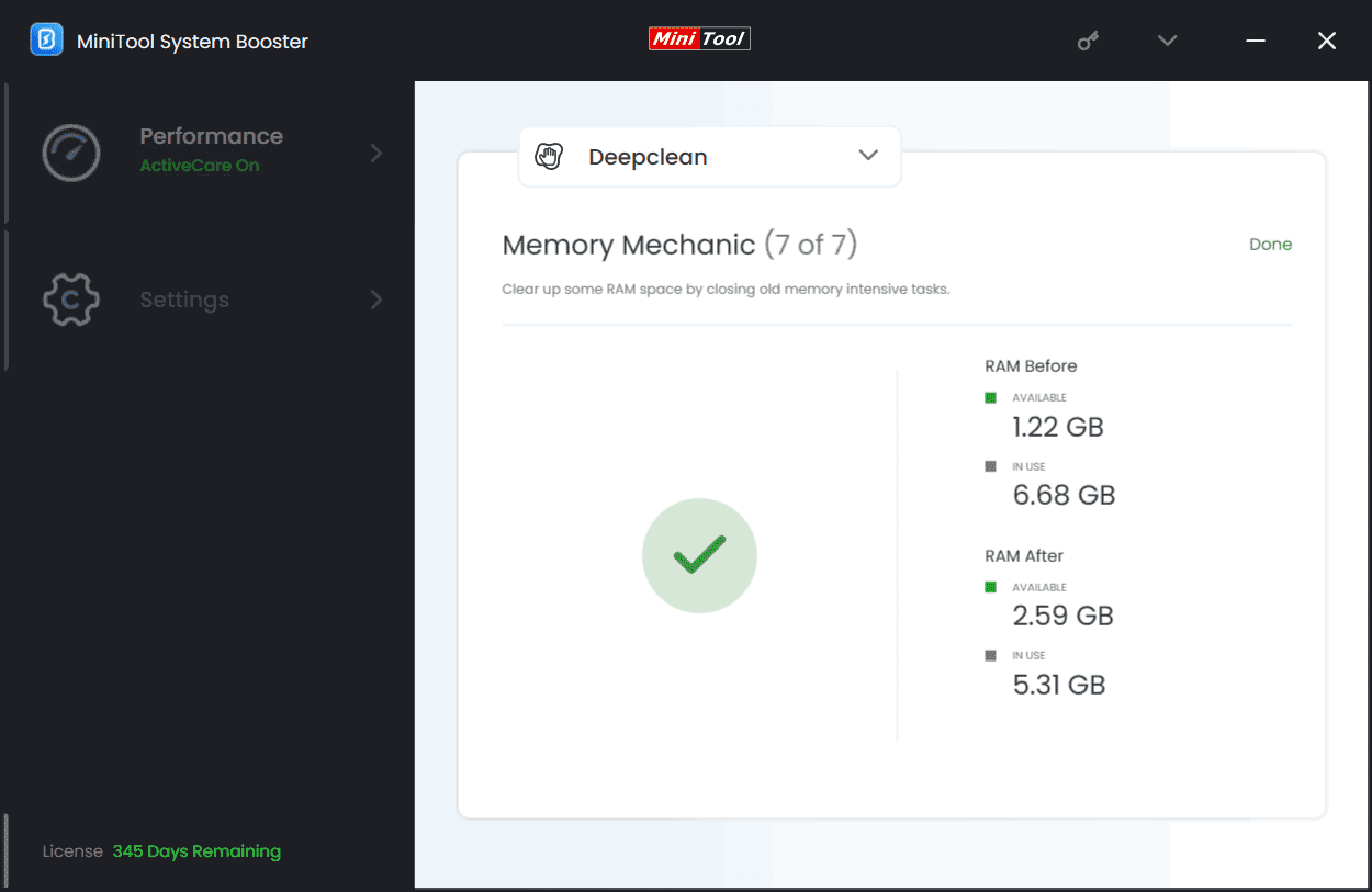 MiniTool System Booster Memory Mechanic under Deepclean