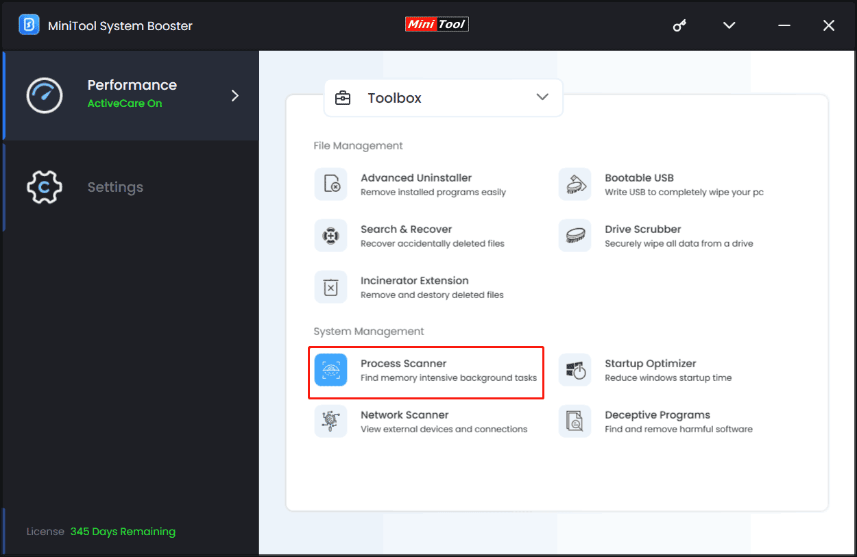 MiniTool System Booster LiveBoost menu