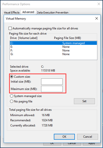 change virtual memory in Windows 10