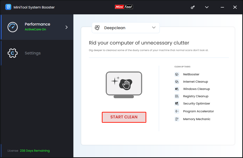 click START CLEAN in MiniTool System Booster