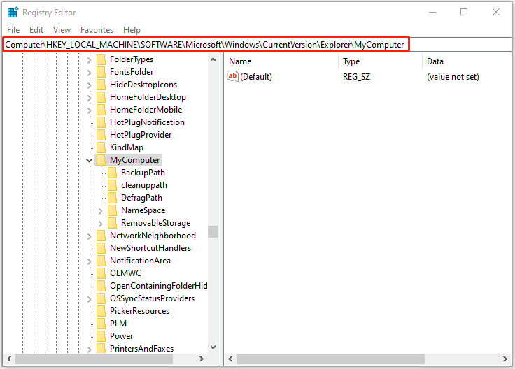 go to HKEY_LOCAL_MACHINE\SOFTWARE\Microsoft\Windows\CurrentVersion\Explorer\MyComputer in Registry Editor