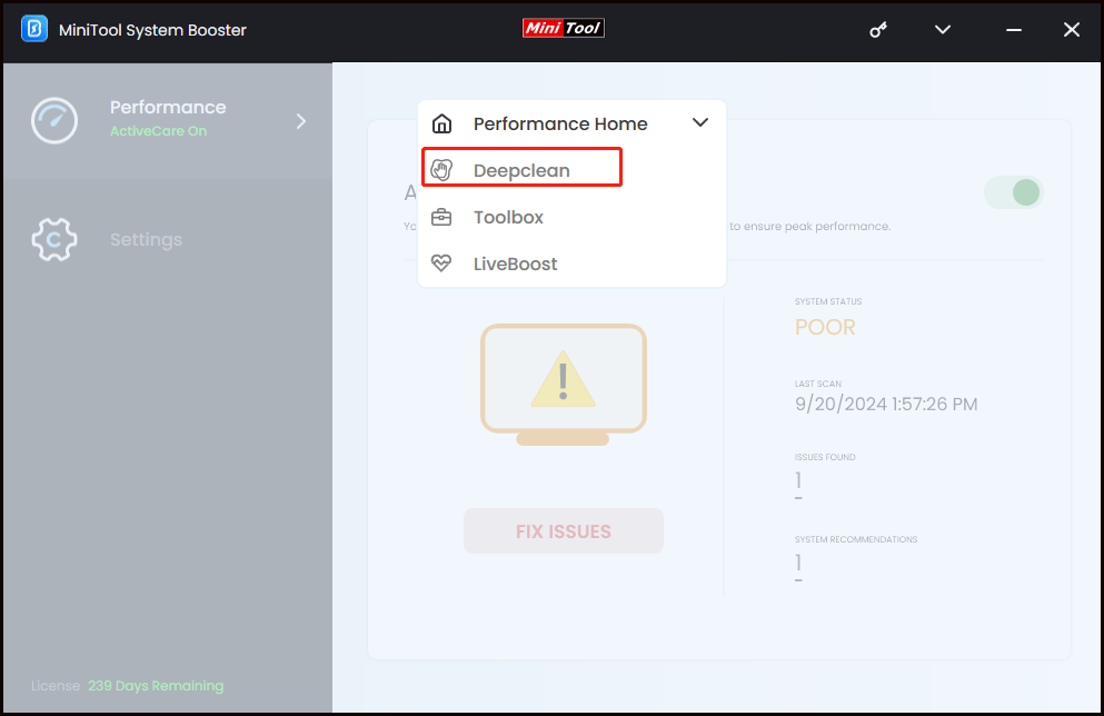 choose Deepclean from the dropdown menu under MiniTool System Booster