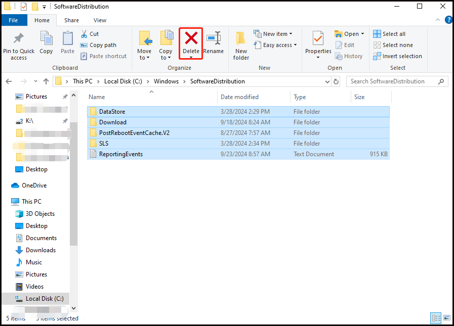 select all the folders inside SoftwareDistribution and click Delete to remove them