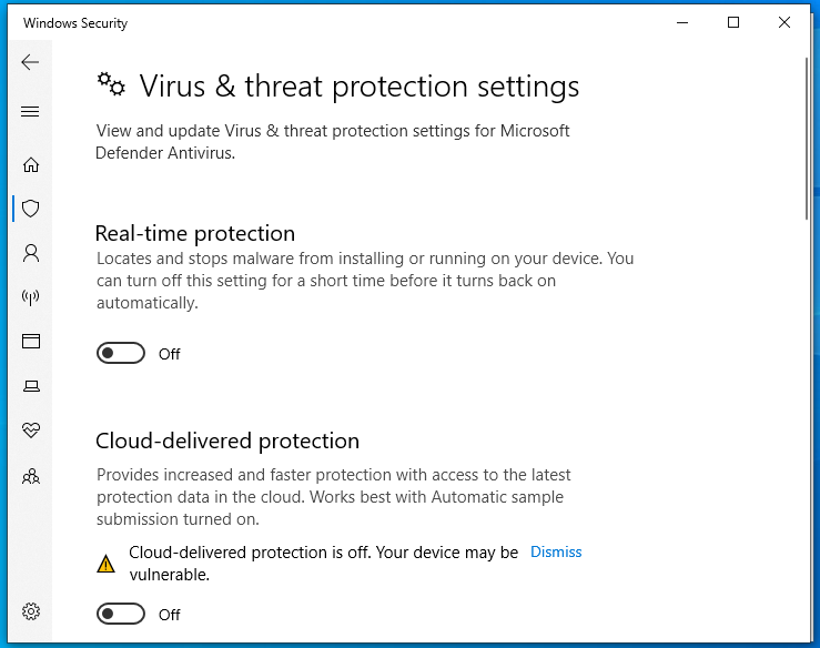 toggle off Real-time protection and Cloud-delivered protection in Virus & threat protection settings