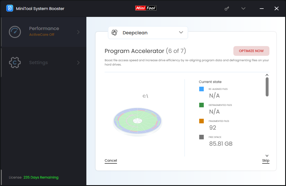 hit OPTIMIZE NOW to re-align program data in MiniTool System Booster