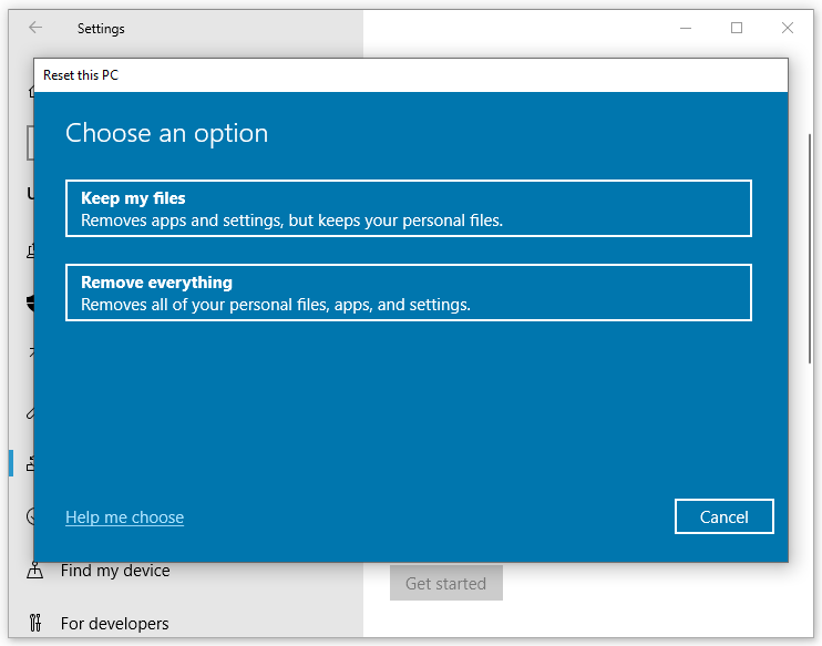 choose an option in Reset this PC