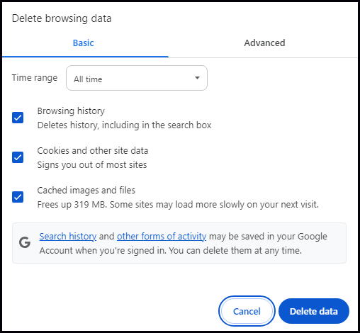 click on Delete data to remove browsing data