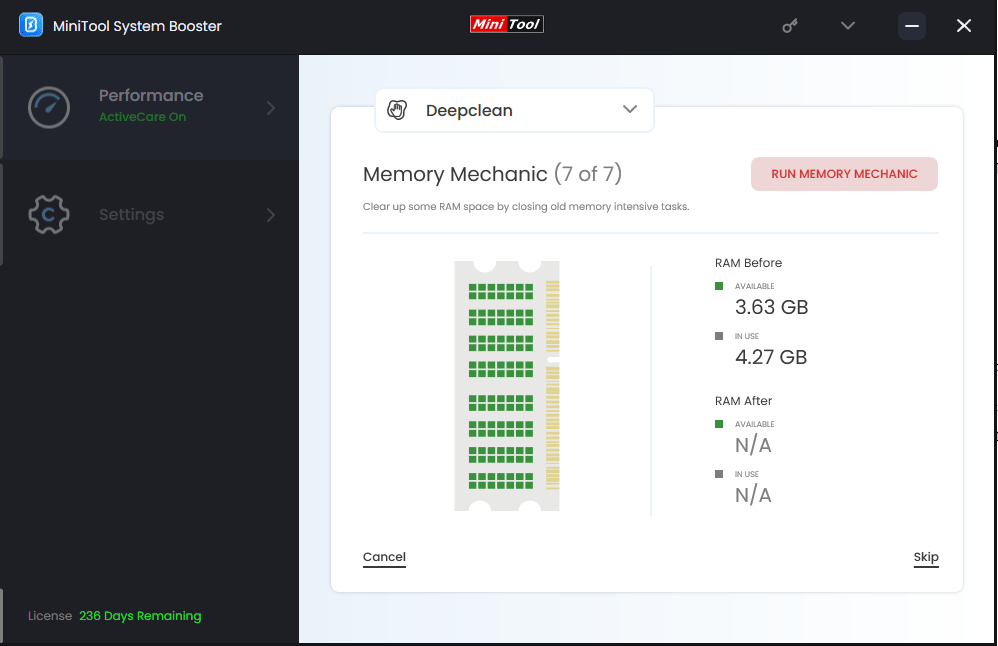 perform a Memory Mechanic cleanup task under Deepclean