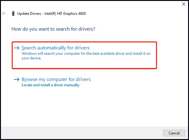 choose Search automatically for drivers as the way for finding available driver