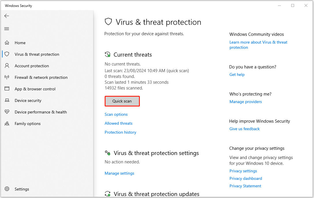 click Quick scan to perform a virus scan