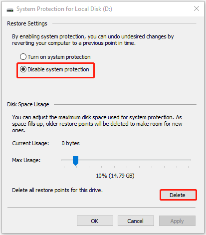 delete all restore points for this drive